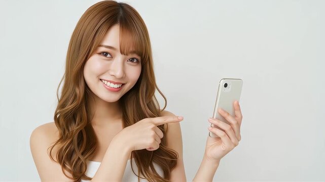 スマホを手に持ち、明るい笑顔で指差しをする日本人女性。清潔な白背景。