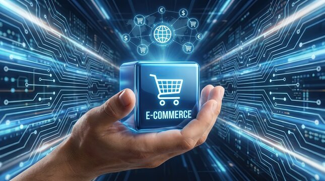 E-commerce Symbolism: A hand holds a glowing cube with an e-commerce symbol, representing the digital marketplace and online shopping, set against a backdrop of futuristic circuit board patterns.