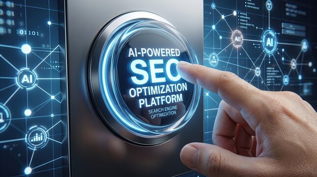 AI-Powered SEO Platform Interface: A finger presses a glowing button on a futuristic interface, activating an AI-powered SEO optimization platform.