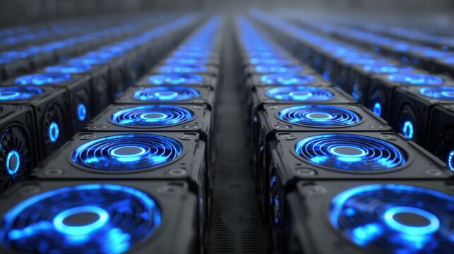 High density GPU array with futuristic artificial intelligence hardware infrastructure background