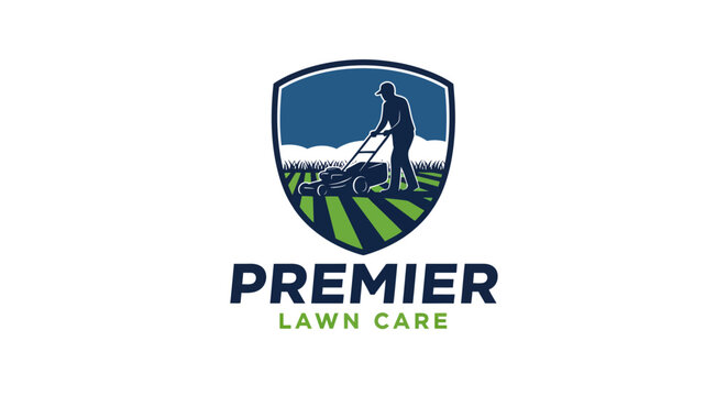 Premier Lawn Care logo with a person mowing a lawn inside a shield emblem.