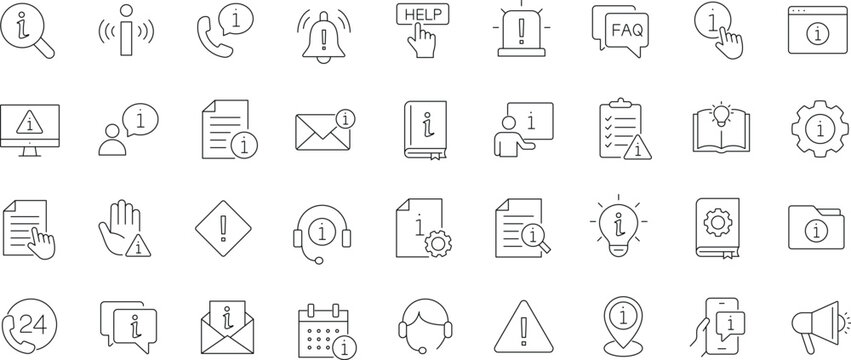 Information icon set. Editable line icons. Containing info, help, inform, support, news, instruction, customer service, notice, manual, rule, guide, reference and more.