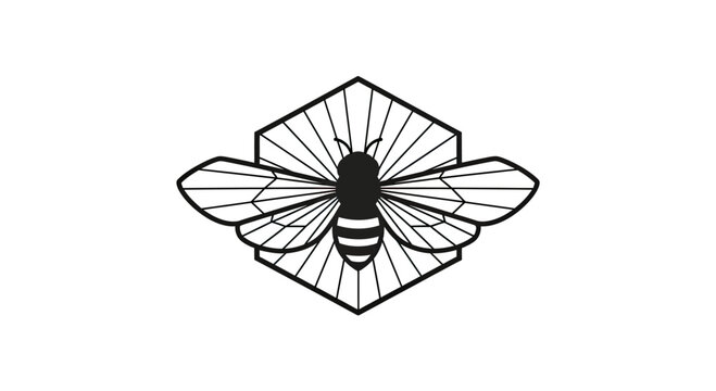 Black and white minimalist geometric bee with hexagonal background