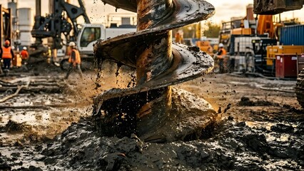 Fototapeta premium Close-up of a heavy-duty hydraulic drilling machine boring into muddy ground at a construction site. Concept of foundation work, civil engineering, and heavy industrial machinery in action