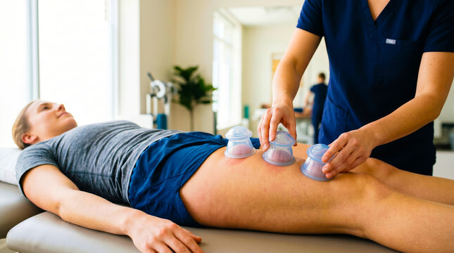 Physical therapist performing cupping therapy on female athlete's thigh