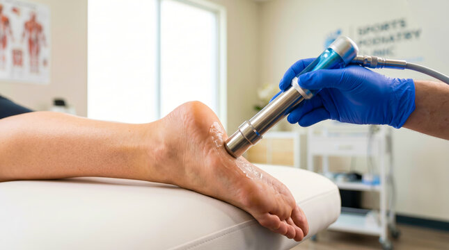 Podiatrist treating patient heel pain with shockwave therapy device