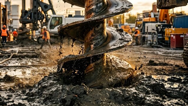 Close-up of a heavy-duty hydraulic drilling machine boring into muddy ground at a construction site. Concept of foundation work, civil engineering, and heavy industrial machinery in action