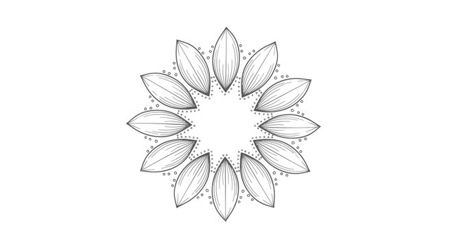 Intricate line art mandala with petal-like shapes and dotted border