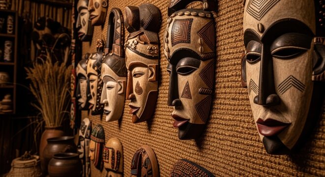A Collection of Intricately Carved African Wooden Masks Displayed on a Textured Wall