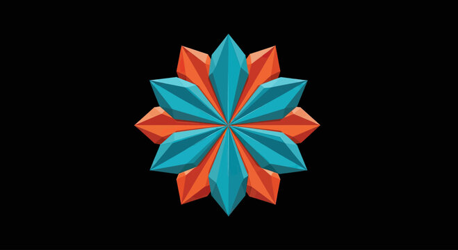 Geometric abstract starburst in teal and orange on black