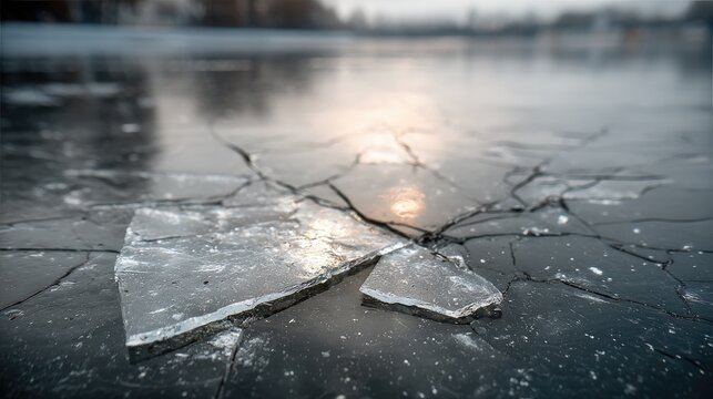 Cracked ice surface with reflections at dawn, showcasing a winter landscape and subtle light play on a frozen lake during the early morning hours