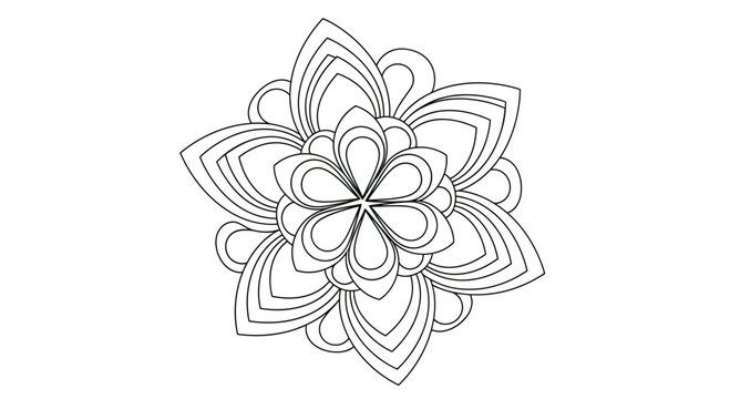 Intricate line art mandala with layered floral petals on a white background
