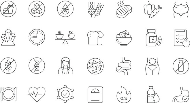 Nutrition icon set. Editable line icons. Containing healthy food, diet, wellness, protein, vitamins, minerals, vegetables, water, meal planning, fruits and more.