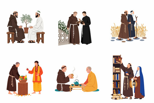 A collection of illustrations depicting interfaith dialogue and cooperation between people of different religious backgrounds, focusing on peaceful interactions and mutual respect.