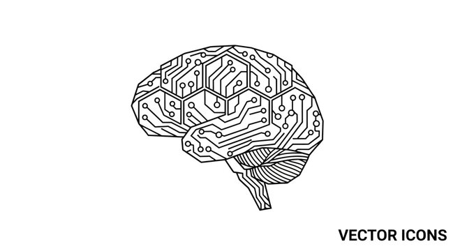 Abstract black line art of a human brain depicted as a digital circuit board