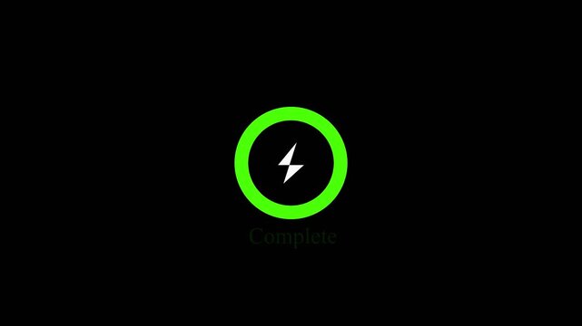 Fast battery charging animation with power icon isolated on a black background.4k Video,