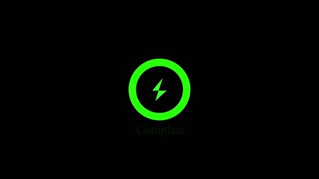 Fast battery charging animation with power icon isolated on a black background.HD Video,