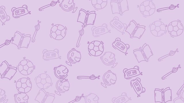 Seamless cartoon pattern on a light purple base. Ideal for childrens products, stationery, textiles, and packaging designs. Perfect for playful and colorful themes.