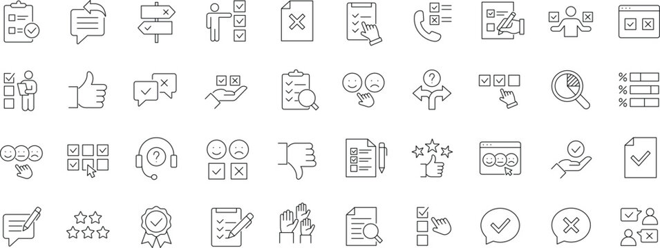 Survey icon set. Editable line icons. Containing feedback, review, opinion, research, questionnaire, poll, data collection, satisfaction, exam, task and more.