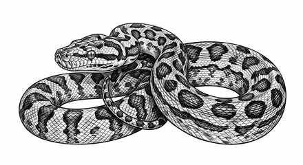 Fototapeta premium Detailed black and white ink drawing of a coiled python snake isolated on a white background