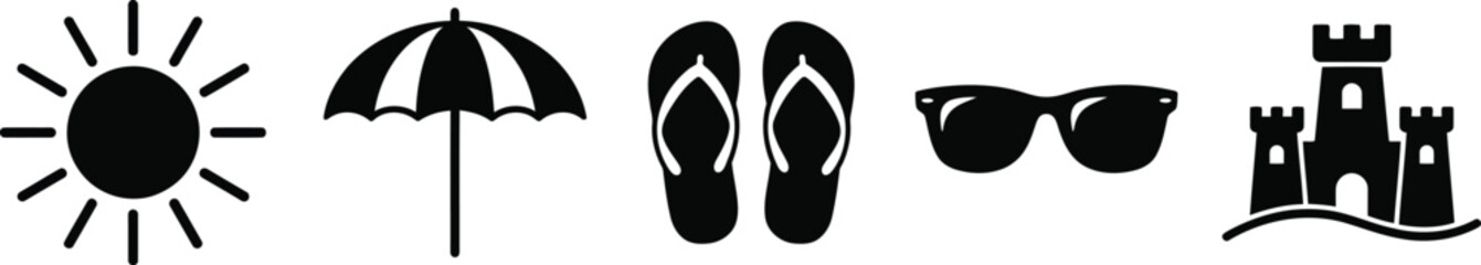 Black beach icons set with sun, umbrella, flip flops, sunglasses and sand castle © Top Stock