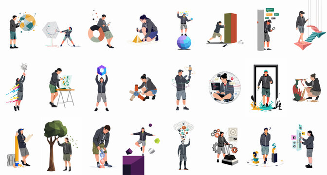 Diverse Collection of Vector Illustrations Featuring Young Creators and Professionals Engaged in Innovative Technological, Scientific, and Creative Tasks on White Background.
