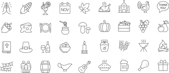 Thanksgiving icon set. Editable line icons. Containing holiday, autumn, fall, turkey, corn, pilgrim, pumpkin, harvest, Traditional American dinner and more. © Mayesa