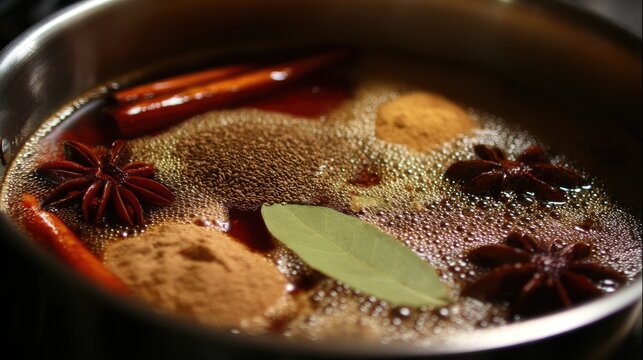 Aromatic Spices Simmering in a Pot, Infusing Flavor with Cinnamon, Star Anise, and Bay Leaf for Delicious Culinary Creations and Warm Beverages