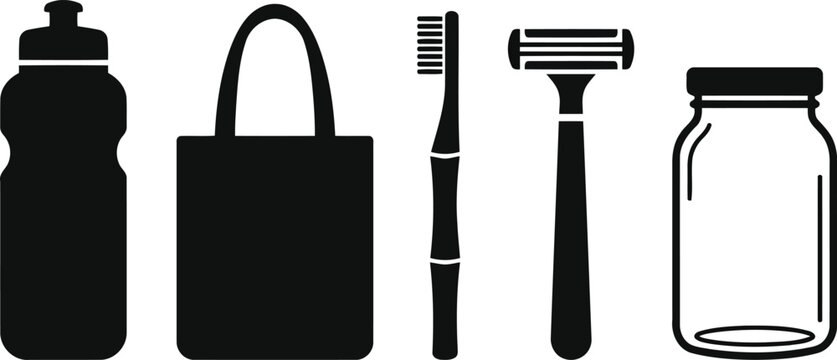 Black silhouettes of travel and hygiene items