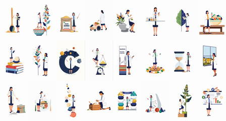 Fototapeta premium Diverse illustrations of female scientists and nutritionists researching quinoa, analyzing its benefits, growth, and nutritional value for health and agriculture.