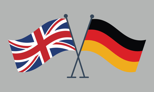 British and German flags on crossed poles, Vector Illustration