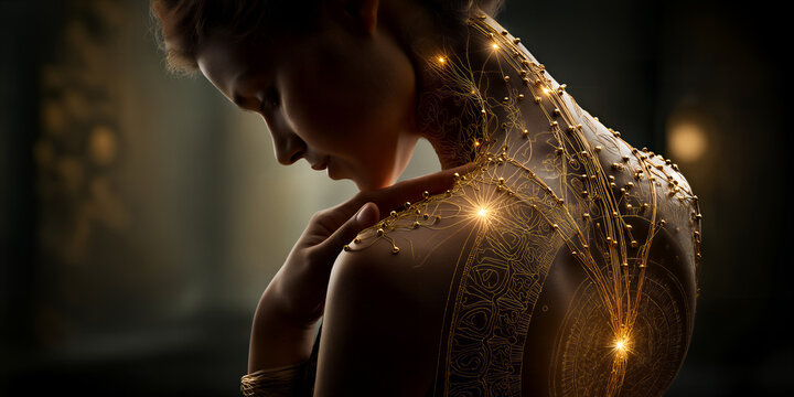 Reflective glow caresses upper shoulder area. Tender illumination highlighting collarbone with shimmering golden specks and soothing ambiance