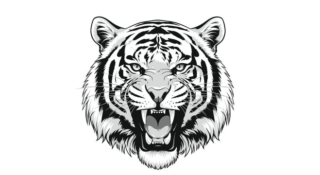 Fierce White Tiger Head Roaring, Black and White Illustration, Majestic Predator