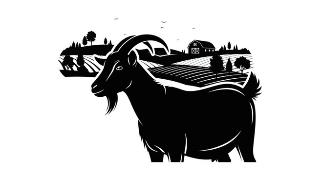 Goat Silhouette with Farm Landscape Inside