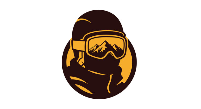 Skier wearing goggles reflecting mountains in a circular logo.