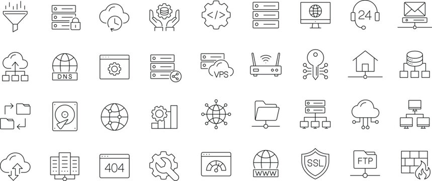 Web hosting icon set. Editable line icons. Containing internet, cloud computing, server, database, SSL, FTP, domain, firewall, data hosting, website and more.