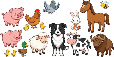 Fototapeta premium Cute cartoon farm animals collection featuring cow pig sheep horse dog chicken duck rabbit and pigeon vector illustrations.