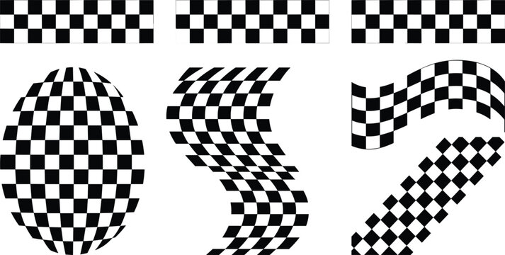 Checkered flag vector set featuring racing patterns with waved distorted and spherical checkered designs for sports automotive branding.