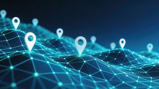 Digital map with glowing location pins on a futuristic blue network grid symbolizing GPS navigation global connectivity data tracking and advanced technology concepts for business