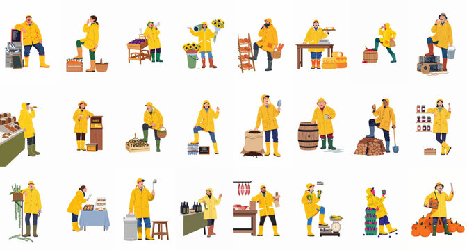 Collection of Market Vendors and Producers in Yellow Raincoats Selling Fresh Produce, Meat, Flowers, and Homemade Goods Illustration