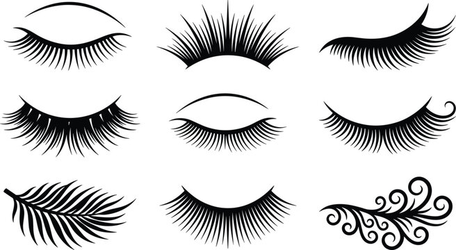 Eyelash extension vector set featuring various false lash styles makeup icons and decorative beauty salon graphic design elements.