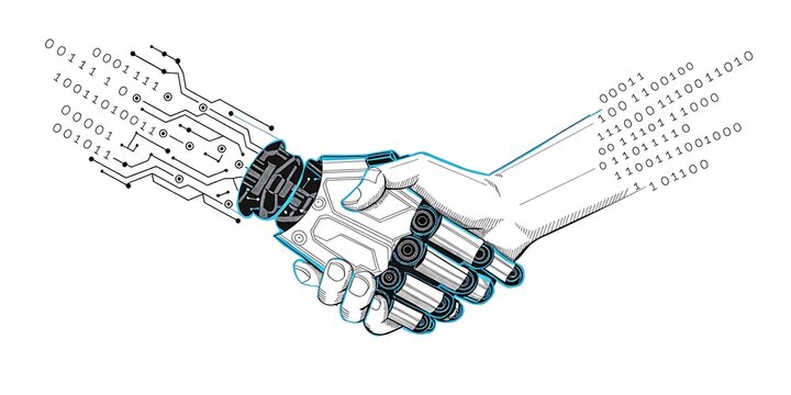 Digital illustration of a human hand shaking a robot hand with shaking hands artificial intelligence mechanical hand handshake technology partnership collaboration agreement business