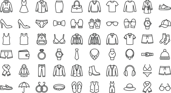 Minimalist black line art vector icon set of clothing fashion accessories apparel shoes and laundry web design elements.