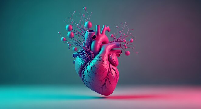Anatomical heart deconstruction a vibrant futuristic representation of the human cardiovascular system