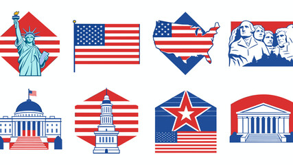Obraz premium A collection of eight patriotic American symbols and landmarks depicted in a modern graphic illustration style using red, white, and blue colors.