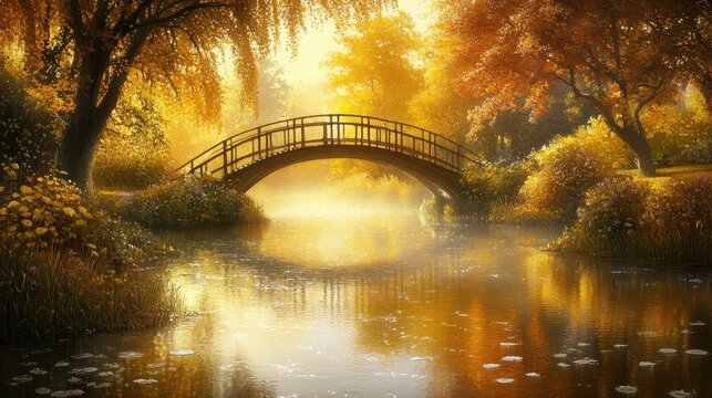 A graceful wooden arched bridge spans a gentle stream bathed in warm golden hour autumn light.