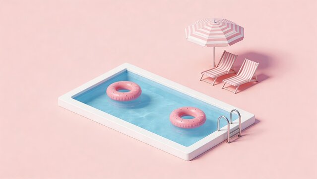 Minimalist pink swimming pool with inflatable rings striped beach chairs and umbrella on pastel background 3d render illustration for summer vacation travel and leisure concept