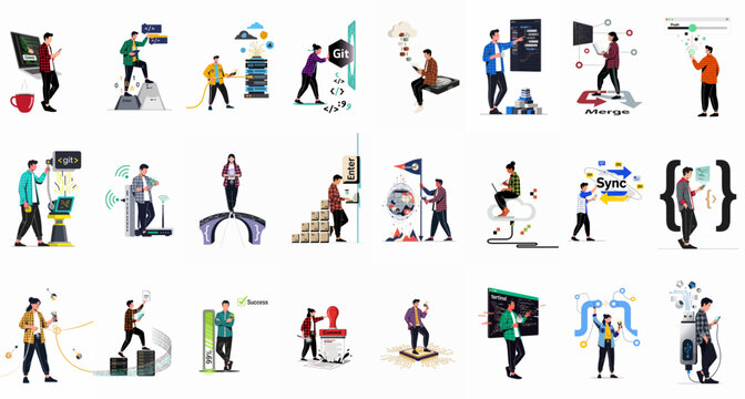 A set of 21 flat illustrations depicting various software development, DevOps, Git version control, cloud computing, and data management concepts for technology themes.