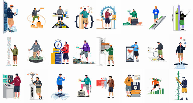 Set of 21 flat illustrations depicting various tasks in data engineering, database administration, software development, and modern information technology infrastructure.