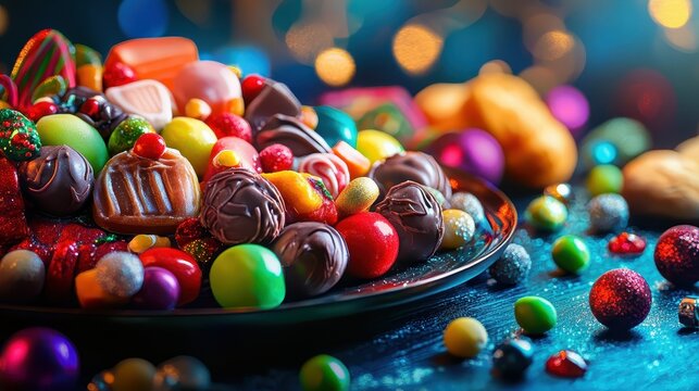 A vibrant platter of colorful Christmas sweets and chocolates in soft, festive indoor lighting